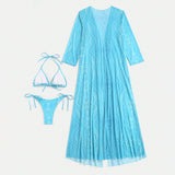 Ocean Blue Wave Print Cover Up Tie String Triangle Brazilian Three Piece Bikini Swimsuit