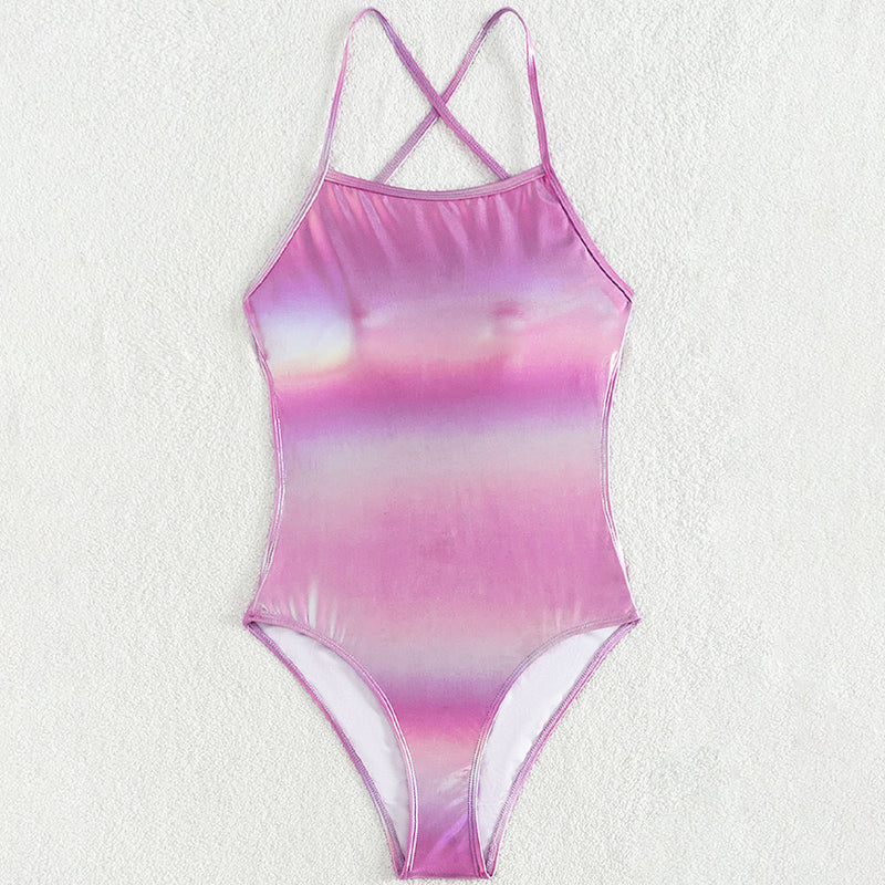 Ombre Metallic High Cut Cheeky Cross Low Back Brazilian One Piece Swimsuit