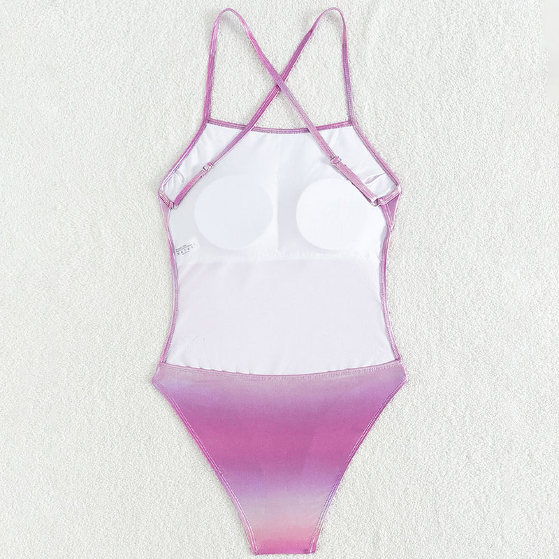Ombre Metallic High Cut Cheeky Cross Low Back Brazilian One Piece Swimsuit