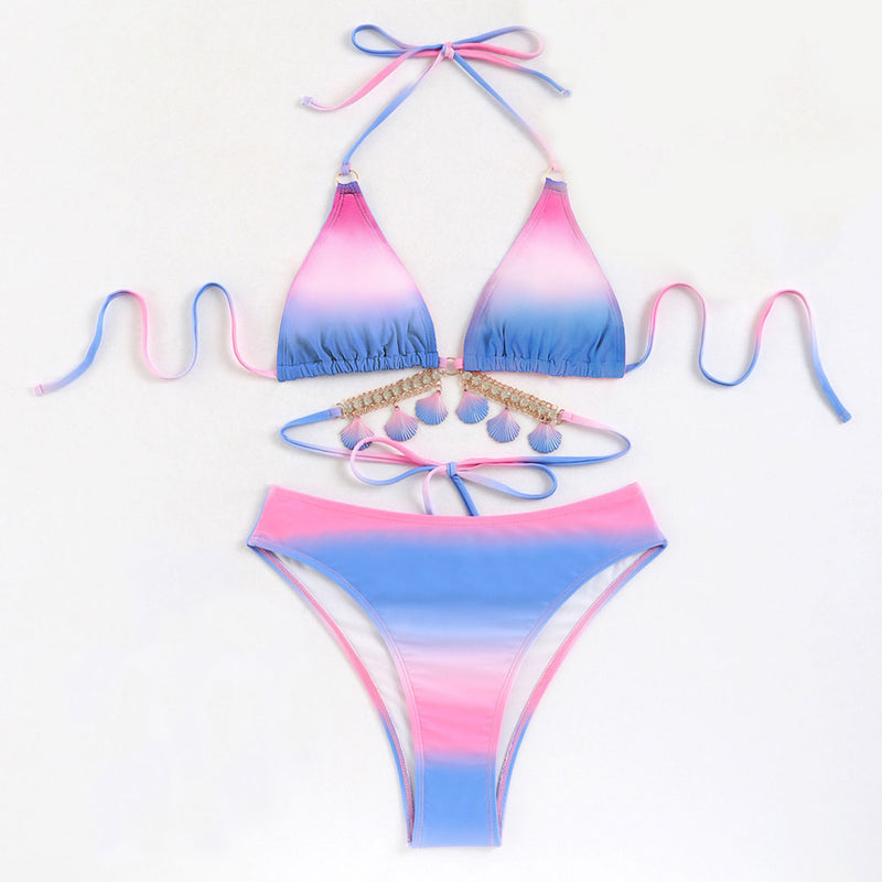 Ombre Shell Crystal High Cut Moderate Wrap Triangle Brazilian Two Piece Bikini Swimsuit