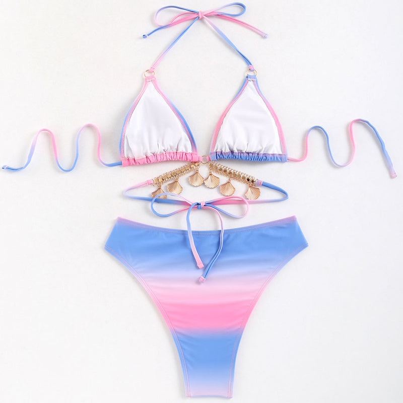 Ombre Shell Crystal High Cut Moderate Wrap Triangle Brazilian Two Piece Bikini Swimsuit