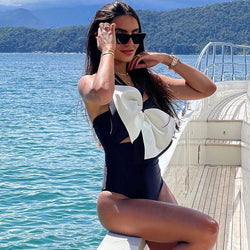 Oversized Bow Moderate Cutout Halter Brazilian One Piece Swimsuit