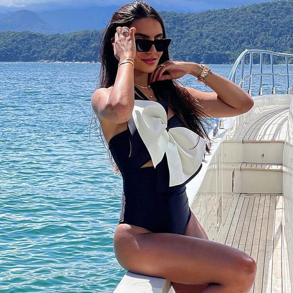 Oversized Bow Moderate Cutout Halter Brazilian One Piece Swimsuit
