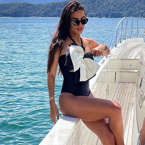 Oversized Bow Moderate Cutout Halter Brazilian One Piece Swimsuit