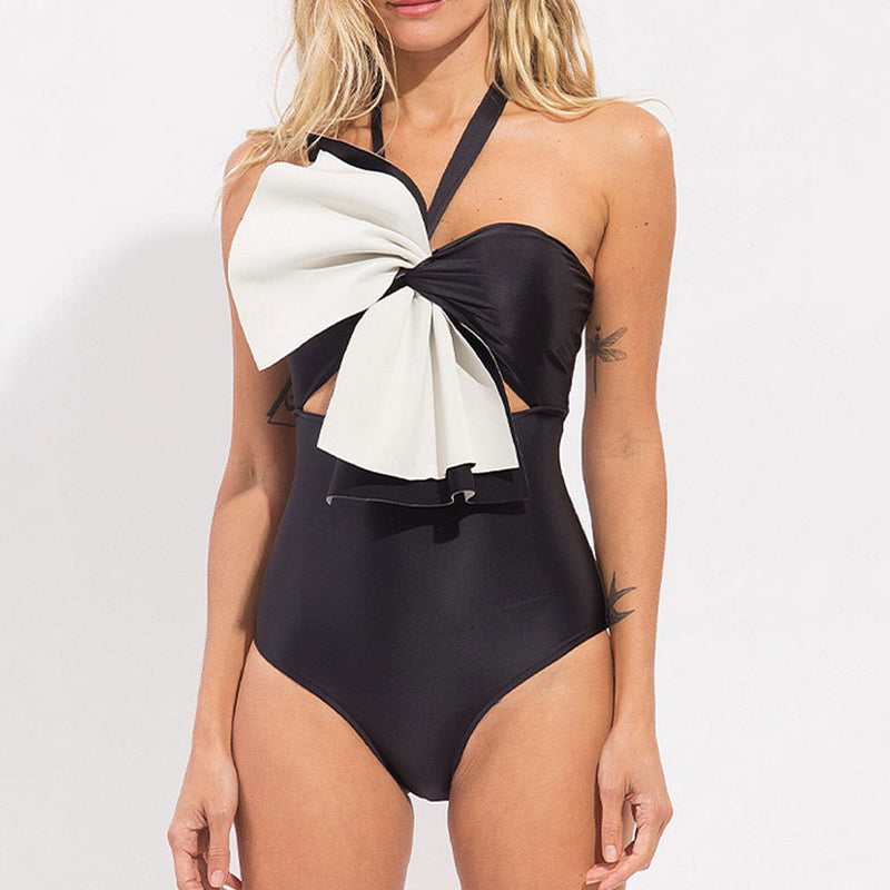 Oversized Bow Moderate Cutout Halter Brazilian One Piece Swimsuit