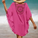 Oversized Tasseled Sleeved Keyhole Crochet Brazilian Mini Beach Cover Up