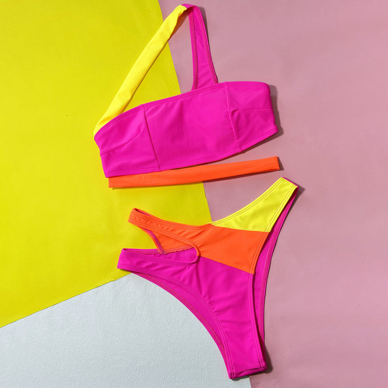 Peaky Color Panel High Leg Cheeky Cut Out Brazilian Two Piece Bikini Swimsuit