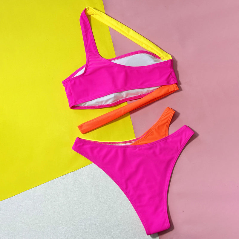 Peaky Color Panel High Leg Cheeky Cut Out Brazilian Two Piece Bikini Swimsuit