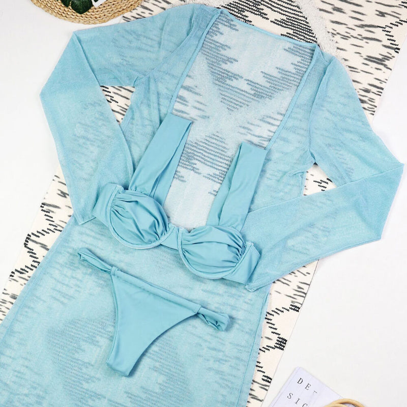 Plunge Cover Up High Cut Underwire Brazilian Three Piece Bikini Swimsuit
