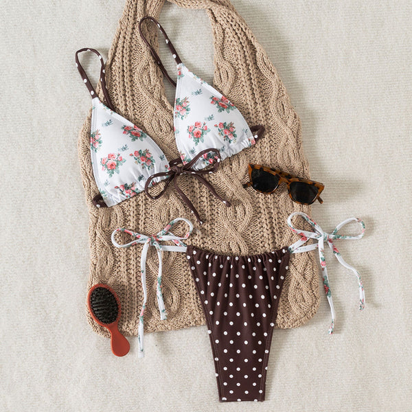 Polka Dot Tie Side Thong Floral Triangle Halter Brazilian Two Piece Bikini Swimsuit