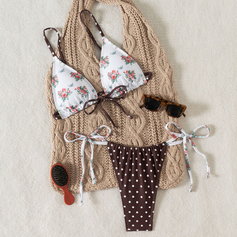 Polka Dot Tie Side Thong Floral Triangle Halter Brazilian Two Piece Bikini Swimsuit