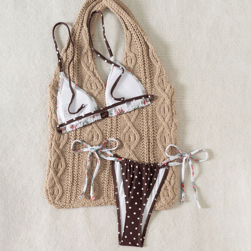 Polka Dot Tie Side Thong Floral Triangle Halter Brazilian Two Piece Bikini Swimsuit