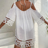 Pom Pom Cold Shoulder Crochet Trim Brazilian Mini Beach Cover Up Dress