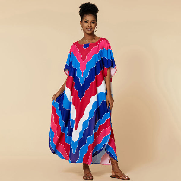 Rainbow Chevron Striped Short Sleeve Brazilian Caftan Cover Up Maxi Dress