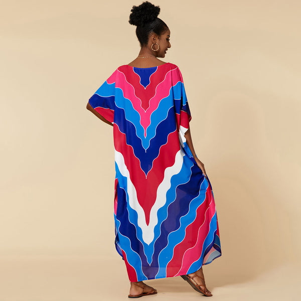 Rainbow Chevron Striped Short Sleeve Brazilian Caftan Cover Up Maxi Dress