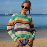 Rainbow Color Block Roll Trim Long Sleeve Crochet Brazilian Beach Cover Up Top