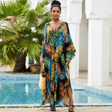 Resort Printed Bell Sleeve Split Brazilian Caftan Beach Cover Up Maxi Dress