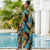 Resort Printed Bell Sleeve Split Brazilian Caftan Beach Cover Up Maxi Dress