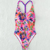 Retro Floral Braided Low Back Fringe Cheeky Brazilian One Piece Swimsuit