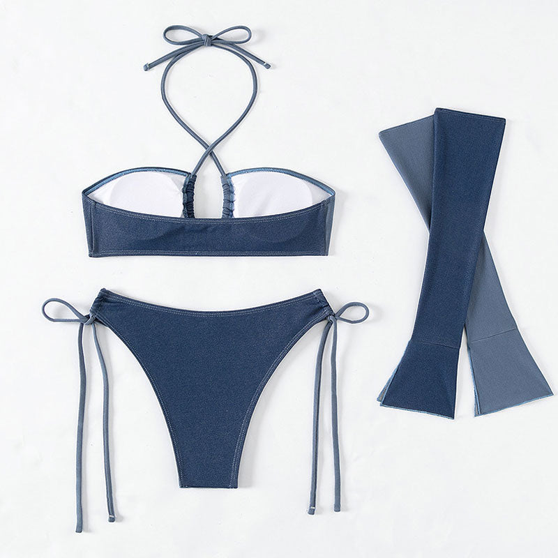 Retro Split Glove Tie Side Cheeky Halter Brazilian Four Piece Bikini Swimsuit