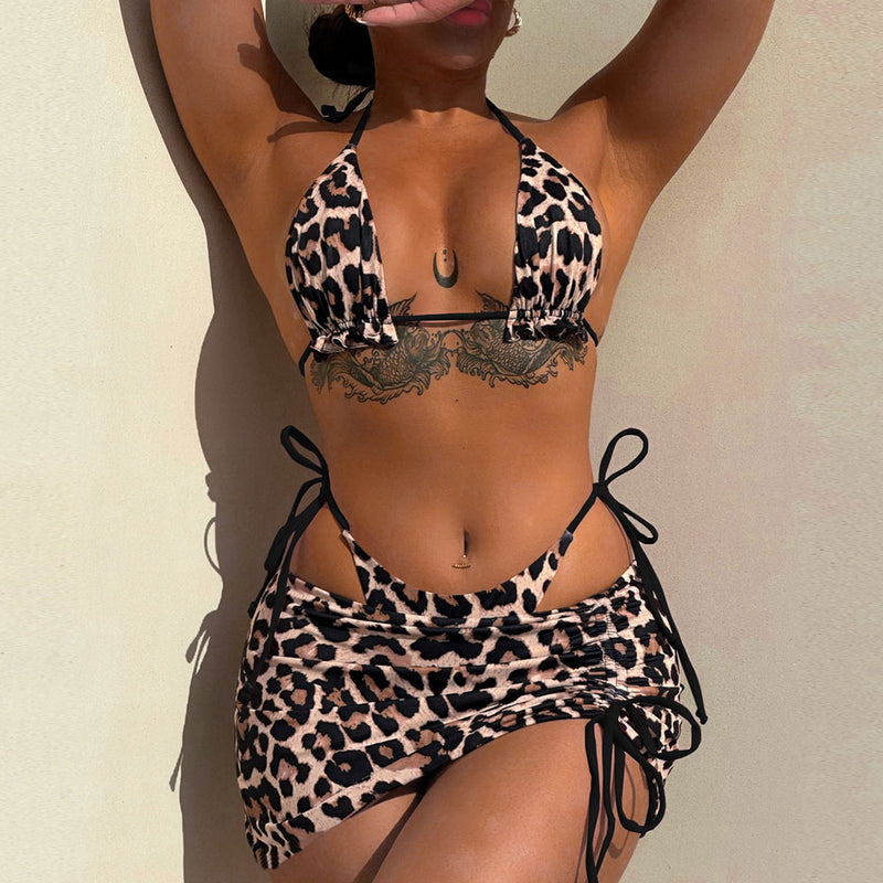Reversible Leopard Print Ruffle Micro Triangle Brazilian Three Piece Bikini Swimsuit