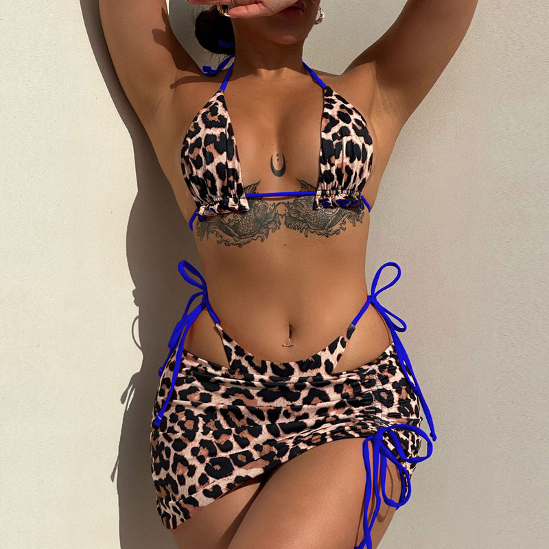 Reversible Leopard Print Ruffle Micro Triangle Brazilian Three Piece Bikini Swimsuit