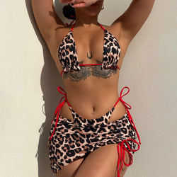 Reversible Leopard Print Ruffle Micro Triangle Brazilian Three Piece Bikini Swimsuit