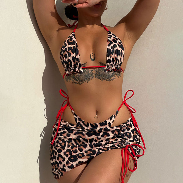 Reversible Leopard Print Ruffle Micro Triangle Brazilian Three Piece Bikini Swimsuit