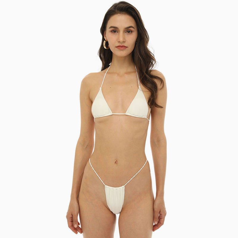 Ribbed String Thong Slide Triangle Halter Brazilian Two Piece Bikini Swimsuit