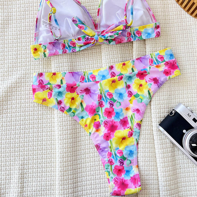Romantic Floral High Waist Banded Triangle Brazilian Two Piece Bikini Swimsuit