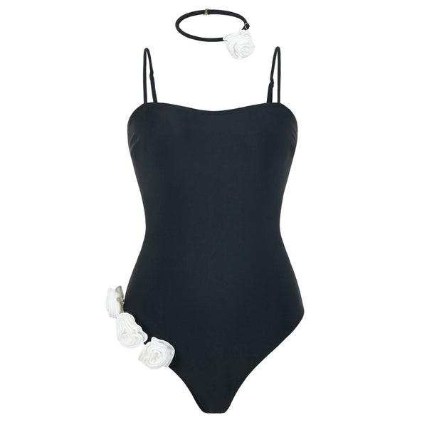 Romantic Rosette Choker Moderate Square Neck Brazilian One Piece Swimsuit