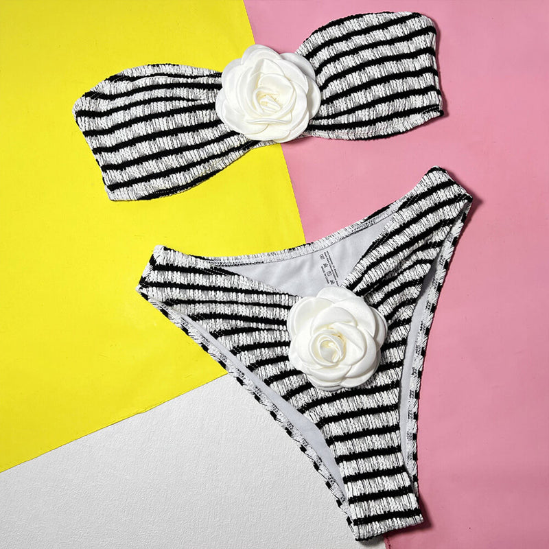 Rosette High Cut Shirred Striped Bandeau Brazilian Two Piece Bikini Swimsuit