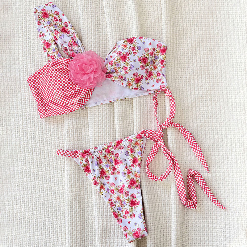 Rosette Tie Side One Shoulder Patchwork Brazilian Two Piece Bikini Swimsuit