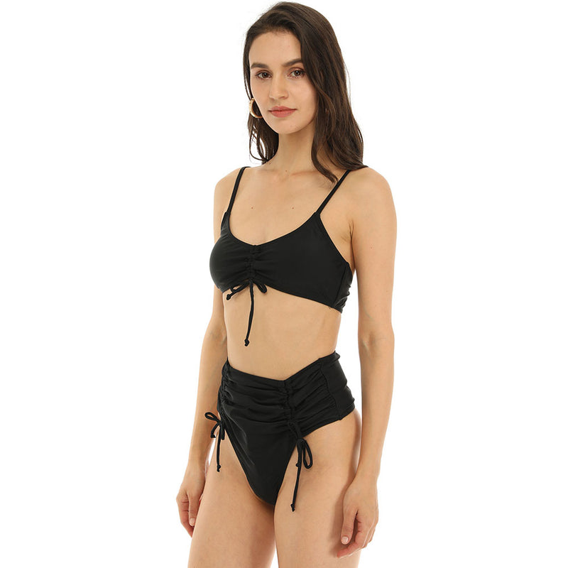 Ruched Drawstring High Waist Thong Bralette Brazilian Two Piece Bikini Swimsuit