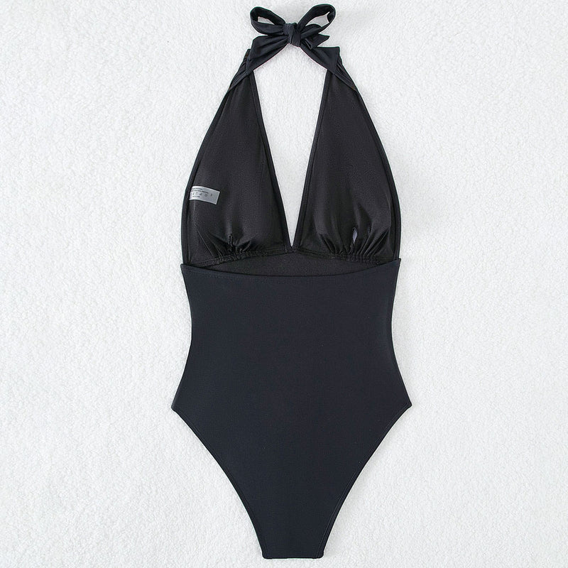 Sexy All Black Cheeky Ruched Side Deep V Halter Brazilian One Piece Swimsuit