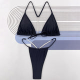 Sexy Beaded String Thong Tie Front Triangle Brazilian Two Piece Bikini Swimsuit
