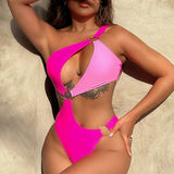 Sexy Bicolor High Leg O Ring One Shoulder Monokini Brazilian One Piece Swimsuit