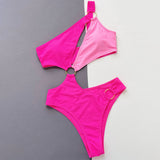 Sexy Bicolor High Leg O Ring One Shoulder Monokini Brazilian One Piece Swimsuit