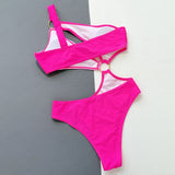 Sexy Bicolor High Leg O Ring One Shoulder Monokini Brazilian One Piece Swimsuit