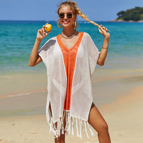 Sexy Bicolor Striped Thigh Split Sheer Crochet Knit Brazilian Beach Mini Cover Up