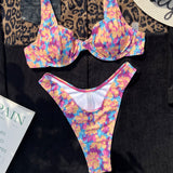 Sexy Blurry Floral Print High Cut Cheeky Underwire Brazilian Two Piece Bikini Swimsuit