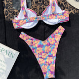 Sexy Blurry Floral Print High Cut Cheeky Underwire Brazilian Two Piece Bikini Swimsuit