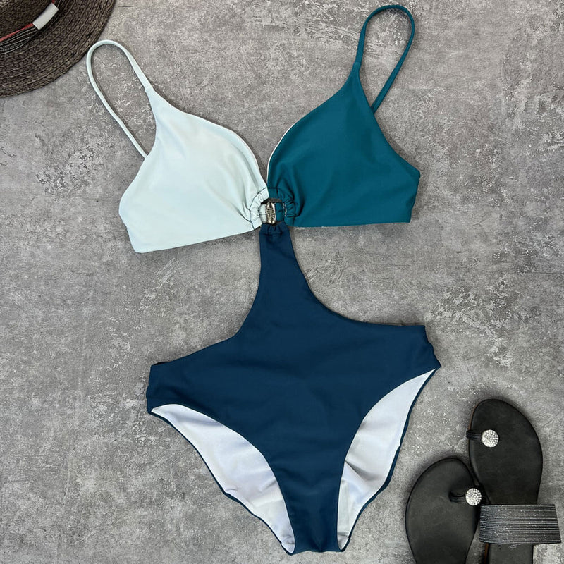 Sexy Contrast Color O Ring Deep V Cutout Monokini Brazilian One Piece Swimsuit