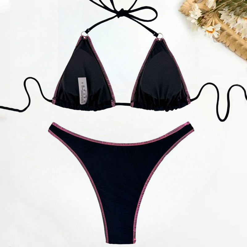 Sexy Contrast High Cut Cheeky Slide Triangle Brazilian Two Piece Bikini Swimsuit