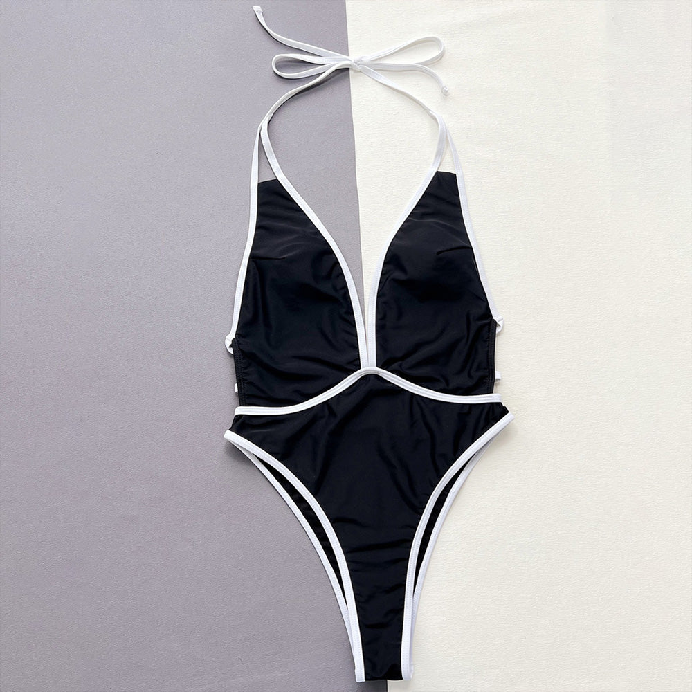 Sexy Contrast Low Back High Leg Cheeky Plunge Brazilian One Piece Swim – Brazilian Bikini Swimsuits