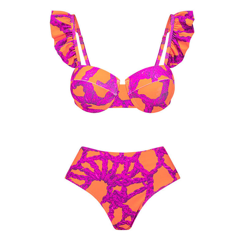 Sexy Contrast Rope Print High Waist Ruffle Underwire Brazilian Two Piece Bikini Swimsuit