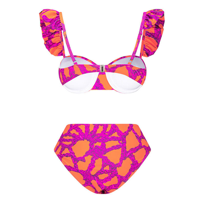 Sexy Contrast Rope Print High Waist Ruffle Underwire Brazilian Two Piece Bikini Swimsuit