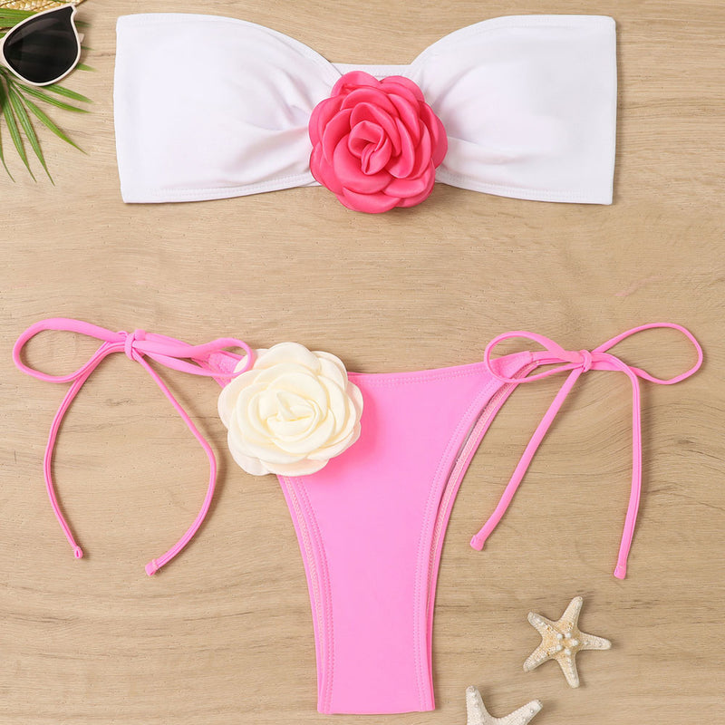 Sexy Contrast Rose Tie Side Cheeky Bandeau Brazilian Two Piece Bikini Swimsuit