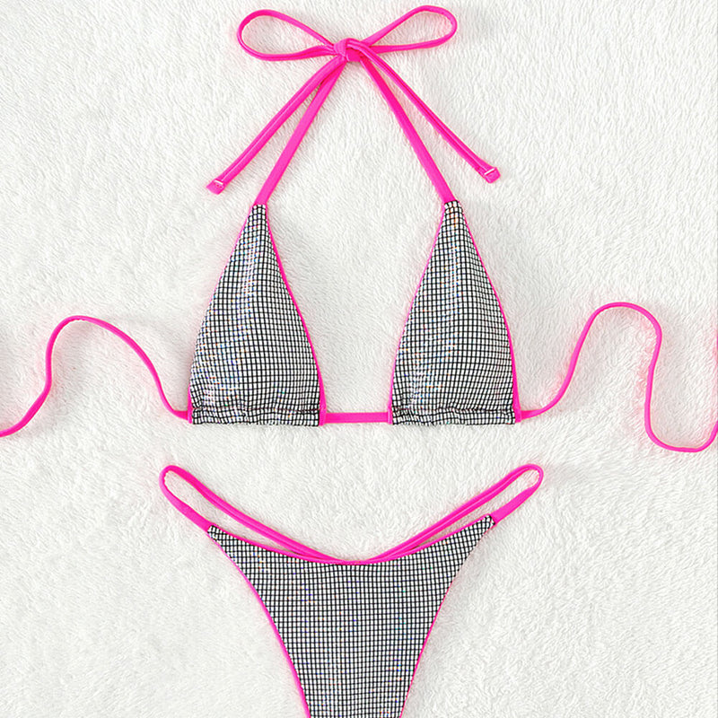 Sexy Contrast Side String Thong Micro Triangle Brazilian Two Piece Bikini Swimsuit