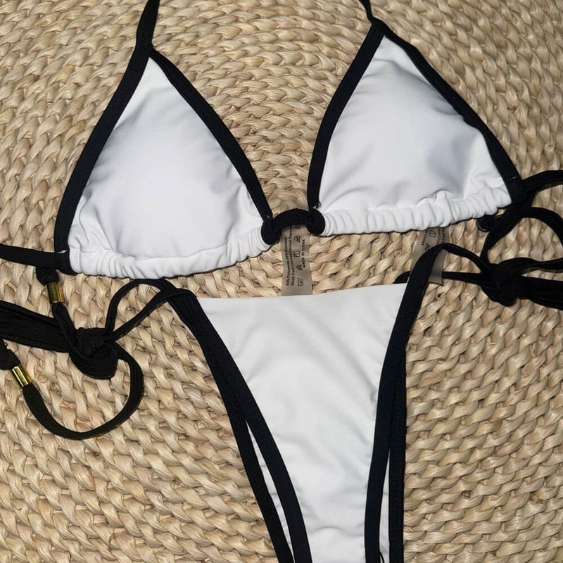Sexy Contrast Strappy Halter Triangle Brazilian Two Piece Bikini Swimsuit